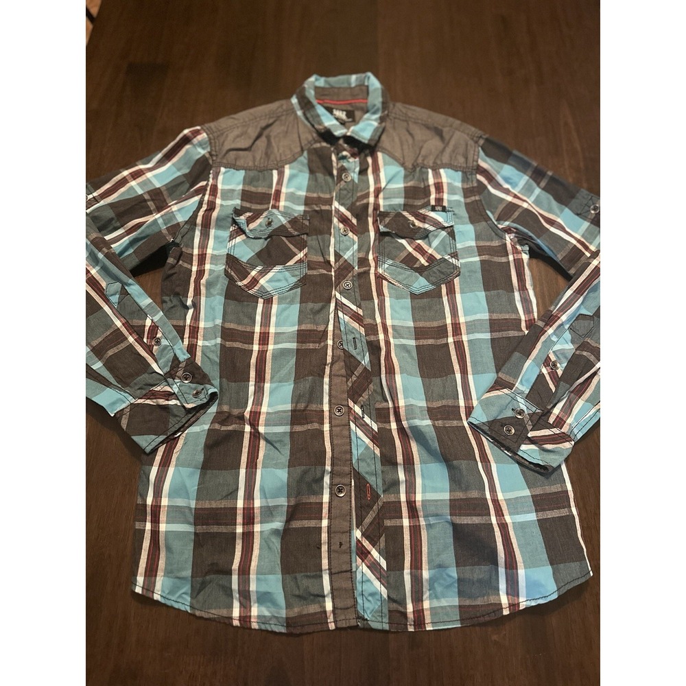 Rock & Republic Shirt Mens Med Black Blue Plaid Classic Button-Up